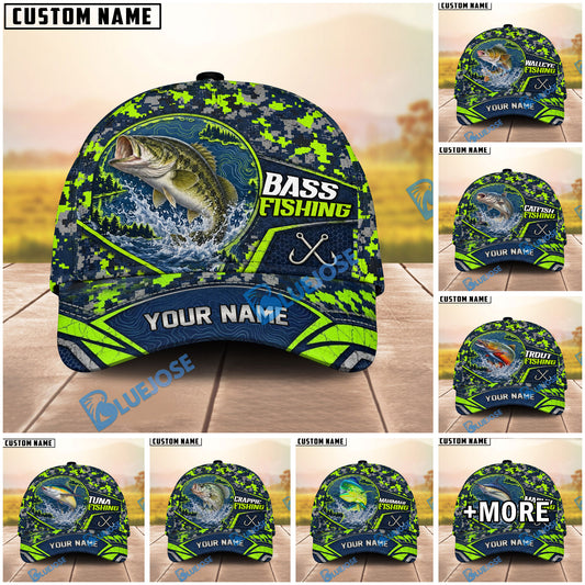 BlueJose Fishing Topo Map Digital Camo Forest Water Splash Fish Hooks Personalized Cap (13 Breeds)