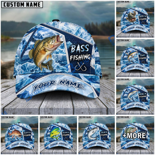 BlueJose Fishing Ice Splash Glacier Crystal Pattern Fish Hooks Personalized Cap (13 Breeds)