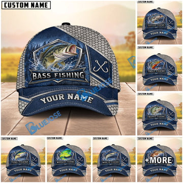 BlueJose Fishing Silver Metal Frame Honeycomb Grid Navy Blue Water Splash Fish Hooks Personalized Cap (13 Breeds)