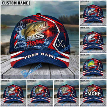 BlueJose Fishing Red Navy Sunset Lake Forest Splash Fish Scales Pattern Fish Hooks Personalized Cap (13 Breeds)