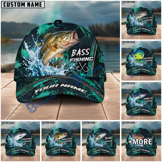BlueJose Fishing Teal Water Splash Honeycomb Grid Pattern Fish Hooks Personalized Cap (13 Breeds)