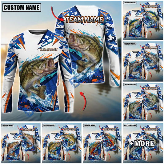 BlueJose Fishing White Blue Orange Digital Camo Bass Splash Design Custom Name & Team Name 3D Shirts (12 Breeds)