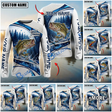 BlueJose Fishing Pine Forest Water Splash White Blue Curved Panels Honeycomb Mesh Custom Name & Team Name 3D Shirts (12 Breeds)