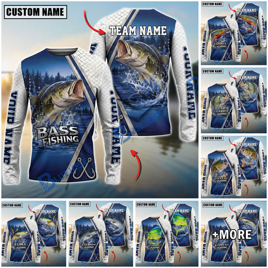 BlueJose Fishing Pine Forest Night Reflection White Fish Scale Texture Blue Panels Custom Name & Team Name 3D Shirts (12 Breeds)