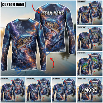 BlueJose Fishing Blue Black Thunder Lightning Storm Bass Design Custom Name & Team Name 3D Shirts (12 Breeds)