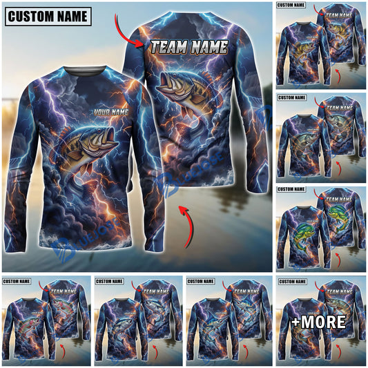 BlueJose Fishing Blue Black Thunder Lightning Storm Bass Design Custom Name & Team Name 3D Shirts (12 Breeds)