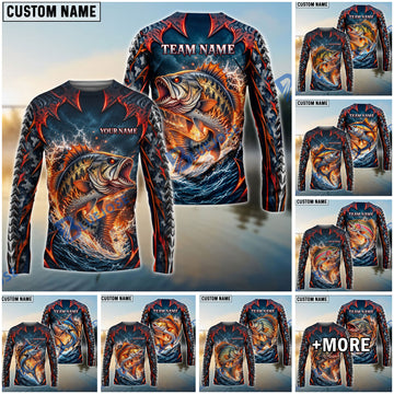 BlueJose Fishing Black Red Camo Monster Fang Bass Fire Wave Design Custom Name & Team Name 3D Shirts (12 Breeds)