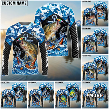 BlueJose  Fishing Blue Geometric Camo Bass Beer Anchor Splash Design Custom Name & Team Name 3D Shirts (12 Breeds)