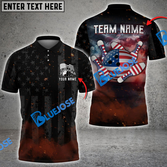 BlueJoses Bowling Amrican Flag Retro Smoke Customized Name, Team Name 3D Shirt