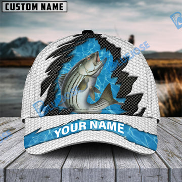 BlueJose Personalized Striped Bass Fishing White Blue Wave Fishnet Classic Cap