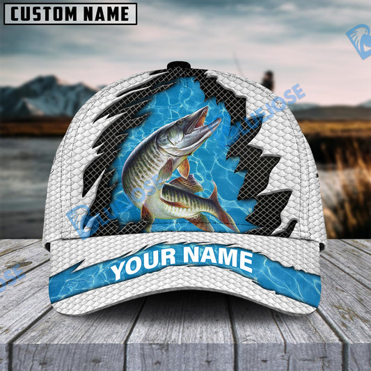 BlueJose Personalized Musky Fishing White Blue Wave Fishnet Classic Cap