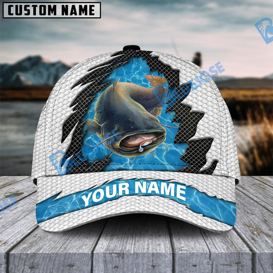 BlueJose Personalized Catfish Fishing White Blue Wave Fishnet Classic Cap