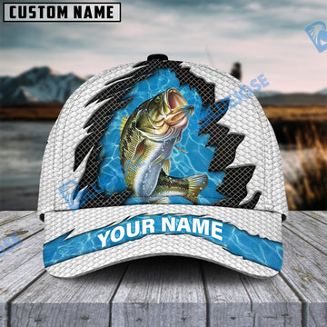 BlueJose Personalized Bass Fishing White Blue Wave Fishnet Classic Cap