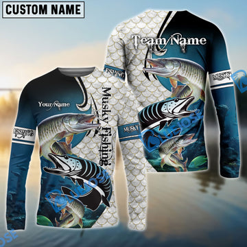 Bluejose Musky Fishing Big Fin Pattern Custom Name & Team Name 3D Shirts