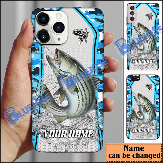 BlueJose Striped Bass Fishing Light Blue Camo Sport Personalized Name Phone Case