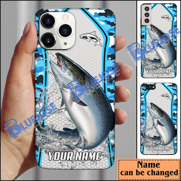 BlueJose Salmon Fishing Light Blue Camo Sport Personalized Name Phone Case