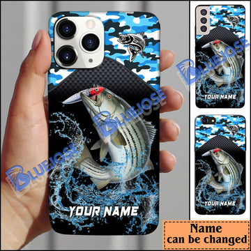 BlueJose Striped Bass Fishing Blue Camo Sport Personalized Name Phone Case