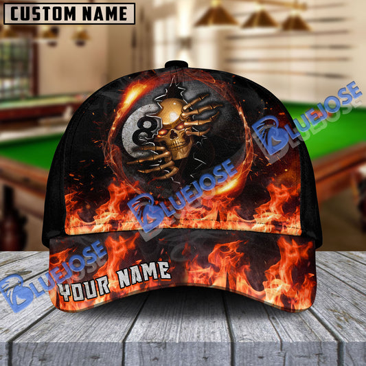 BlueJose Billiards Ball 8 Fire Skull Crack Personalized Name Cap (6 Colors)