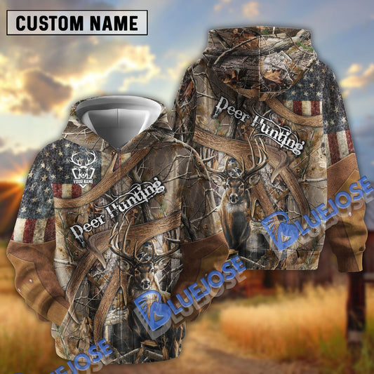 BlueJose Personalized Name Antler Deer Hunting American Camo Pattern 3D Shirts ( 2 Colors )