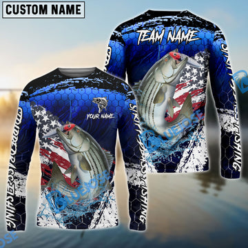 Bluejose Stripped Bass Fishing Dark Blue Scratch American Flag scratch Sport Custom Name & Team Name 3D Shirts