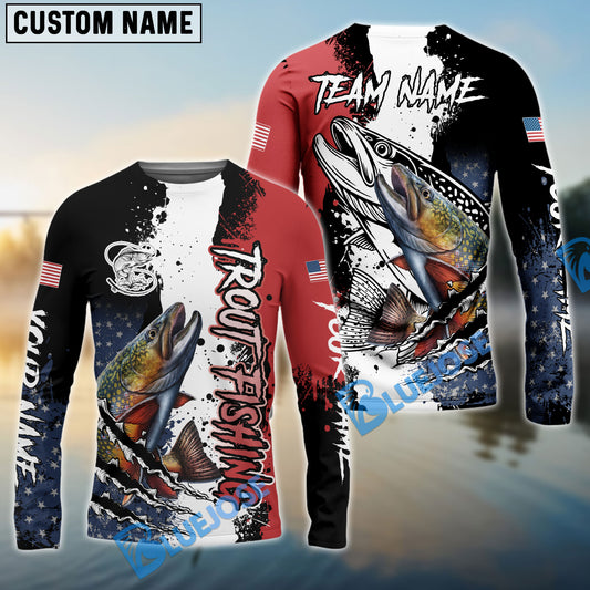 Bluejose Trout Fishing Paint Scratch American Flag scratch Sport Custom Name & Team Name 3D Shirts