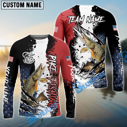 Bluejose Pike Fishing Paint Scratch American Flag scratch Sport Custom Name & Team Name 3D Shirts