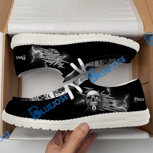 BlueJose Billiards Ball 8 Deadly Thunder Skull 2 White Canvas Loafer Shoes (3 Colors)