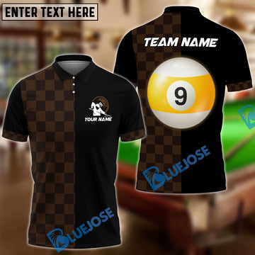 BlueJose Billiards 9 Ball Half Caro Pattern Personalized Name, Team Name Shirt (2 Colors)