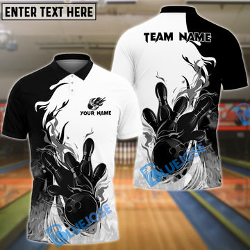 BlueJose Bowling And Pins Basic Fire Flame Customized Name 3D Shirt (4 Colors)