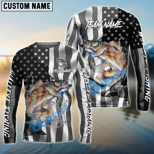 Bluejose Walleye Fishing Black American Flag Sport Custom Name & Team Name 3D Shirts