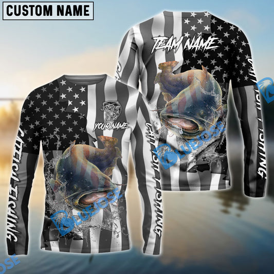 Bluejose Catfish Fishing Black American Flag Sport Custom Name & Team Name 3D Shirts