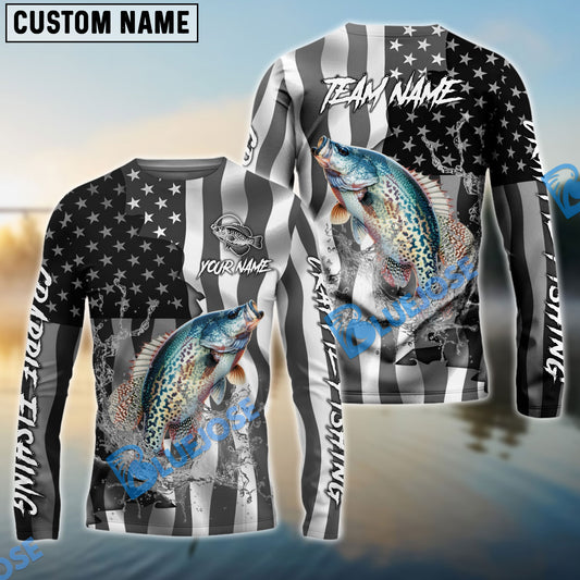 Bluejose Crappie Fishing Black American Flag Sport Custom Name & Team Name 3D Shirts