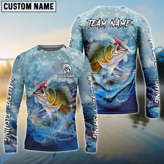 Bluejose Walleye Fishing American Flag Seawave Custom Name & Team Name 3D Shirts