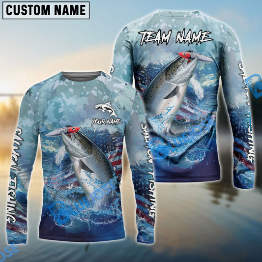 Bluejose Salmon Fishing American Flag Seawave Custom Name & Team Name 3D Shirts