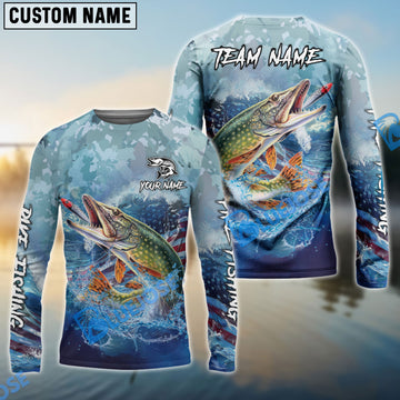 Bluejose Pike Fishing American Flag Seawave Custom Name & Team Name 3D Shirts