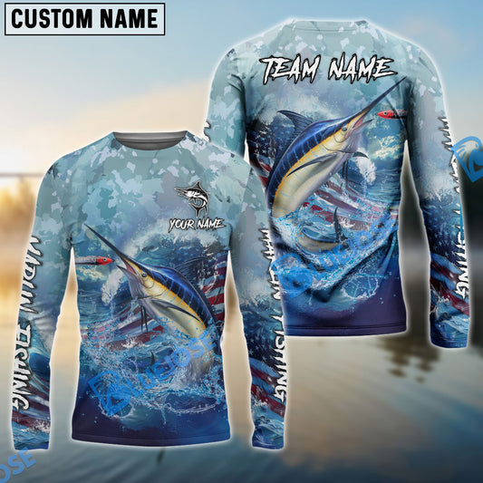 Bluejose Marlin Fishing American Flag Seawave Custom Name & Team Name 3D Shirts