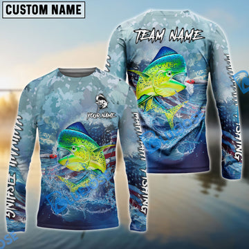 Bluejose Mahimahi Fishing American Flag Seawave Custom Name & Team Name 3D Shirts