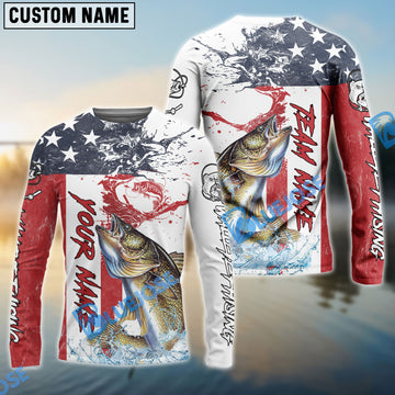 Bluejose Walleye Fishing American Flag Red Blue Seawave Custom Name & Team Name 3D Shirts