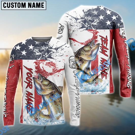 Bluejose Walleye Fishing American Flag Red Blue Seawave Custom Name & Team Name 3D Shirts