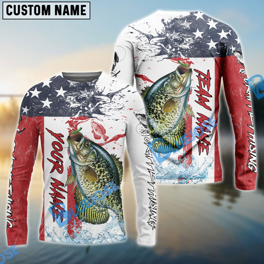 Bluejose Crappie Fishing American Flag Red Blue Seawave Custom Name & Team Name 3D Shirts