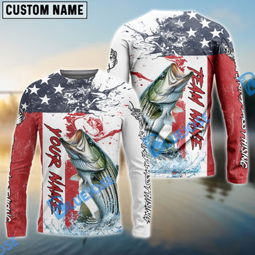 Bluejose Striped Bass Fishing American Flag Red Blue Seawave Custom Name & Team Name 3D Shirts