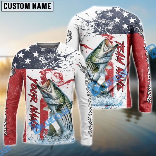 Bluejose Striped Bass Fishing American Flag Red Blue Seawave Custom Name & Team Name 3D Shirts