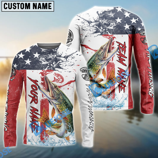 Bluejose Pike Fishing American Flag Red Blue Seawave Custom Name & Team Name 3D Shirts