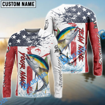 Bluejose Tuna Fishing American Flag Red Blue Seawave Custom Name & Team Name 3D Shirts