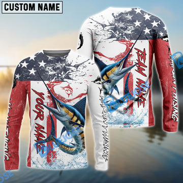 Bluejose Marlin Fishing American Flag Red Blue Seawave Custom Name & Team Name 3D Shirts