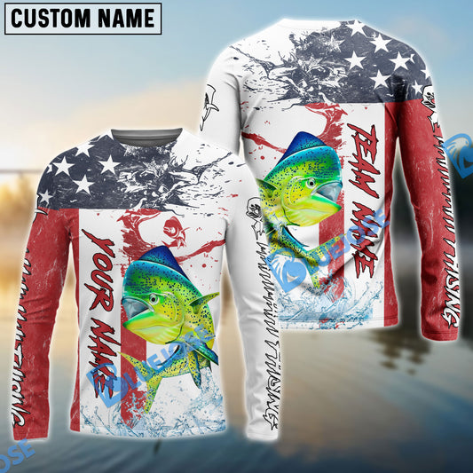 Bluejose Mahi mahi Fishing American Flag Red Blue Seawave Custom Name & Team Name 3D Shirts