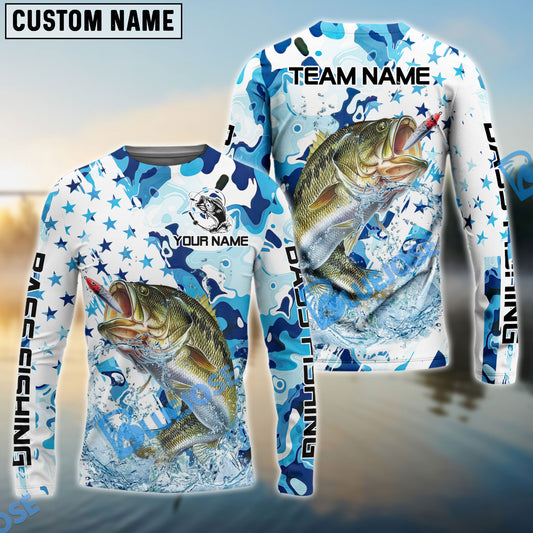 Bluejose Bass Fishing Blue White American Flag Custom Name & Team Name 3D Shirts