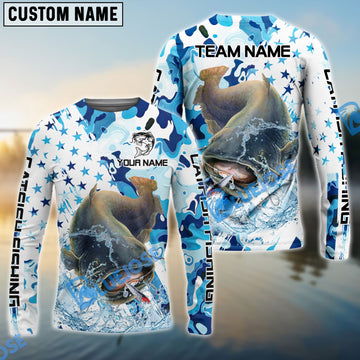 Bluejose Catfish Fishing Blue White American Flag Custom Name & Team Name 3D Shirts