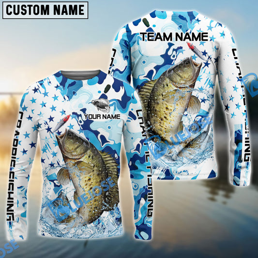 Bluejose Crappie Fishing Blue White American Flag Custom Name & Team Name 3D Shirts