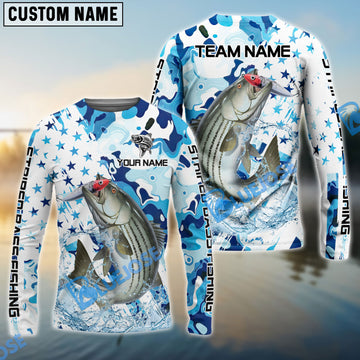 Bluejose Striped Bass Fishing Blue White American Flag Custom Name & Team Name 3D Shirts